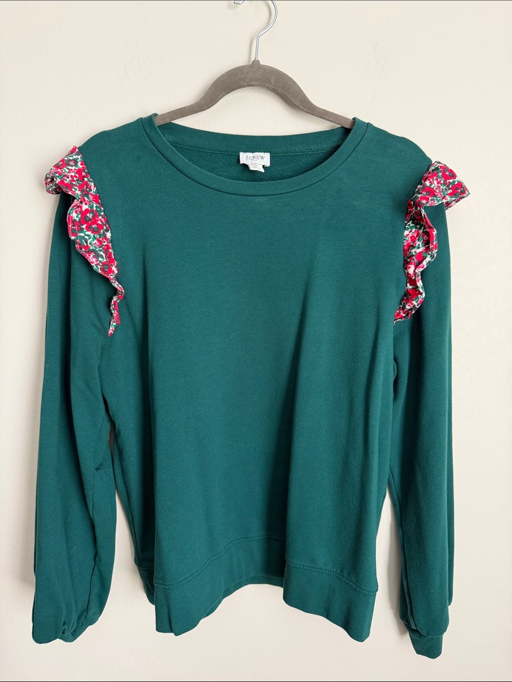 J. Crew Teal Sweatshirt with Pink Floral Ruffle Shoulders